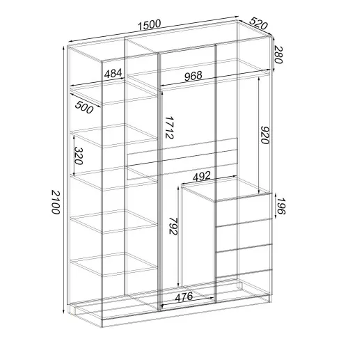 Шкаф Кристалл 2, Белый/Антрацит, 1500х520х2100