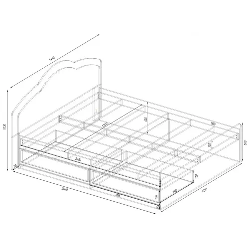 Кровать Диана двуспальная с 2-мя ящиками, Дуб Сонома Трюфель, 2048х1410х1030