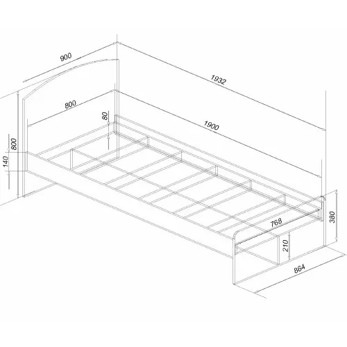 Кровать односпальная L-1, Дуб Сонома Трюфель, 1930х900х800
