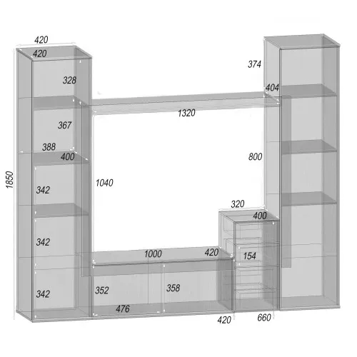 Стенка в гостиную под ТВ Эхо-2, Дуб Крафт Белый/Венге Магия, 2160х420х1850