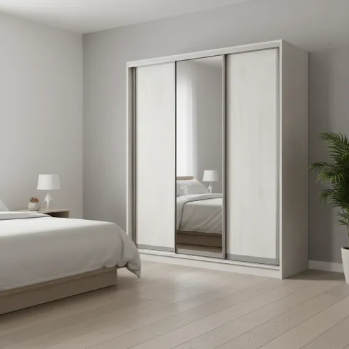 Шкаф-купе трехдверный 1800х600х2100 мм Ясень Серфсайд чистый К024ДСП + Зеркало EШК 3.1.21.60.18.1