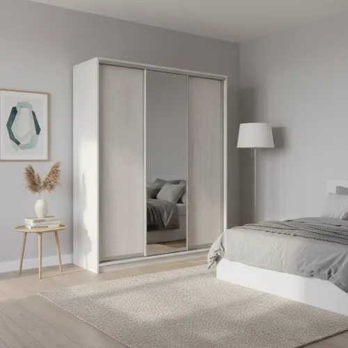 Шкаф-купе трехдверный 1800х600х2400 мм Ясень Серфсайд чистый К024 ДСП + Зеркало EШК 3.3.24.60.18