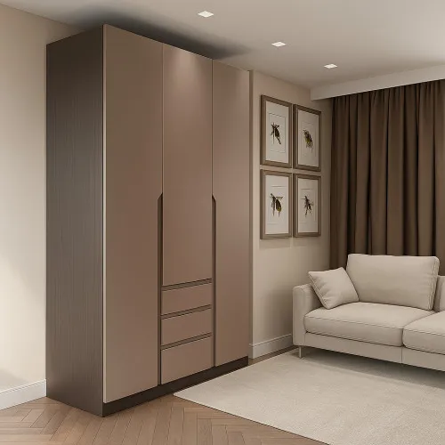 Шафа розпашна ШР7 2600х1400х600 мм корпус ДСП Венге Магія фасад МДФ фарба RAL1019 (Сіро-бежевий) фрезеровані ручки V і J