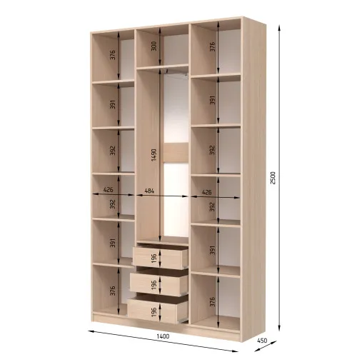 Шафа розпашна ШР7 2500х1400х450 мм корпус ДСП Білий фасад МДФ фарба Білий (RAL9003) фрезеровані ручки V і J