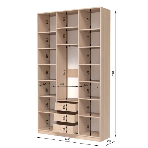 Шафа розпашна ШР7 2600х1400х450 мм корпус ДСП Сірий Графіт фасад МДФ фарба RAL7012 (Базальтовий сірий) фрезеровані ручки V і J