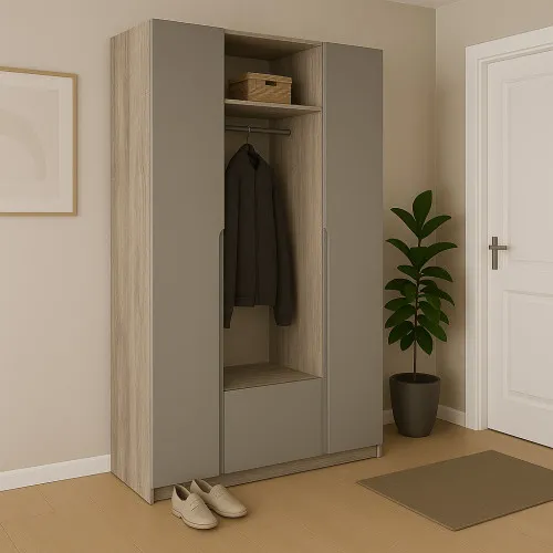 Шафа розпашна ШР8 2600х1600х600 мм корпус ДСП Дуб Крафт Сірий фасад МДФ фарба RAL1019 (Сіро-бежевий) фрезеровані ручки V і J