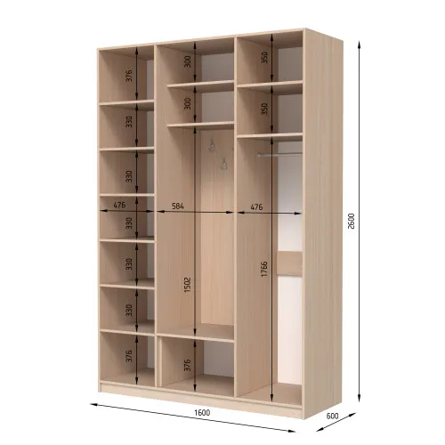 Шкаф распашный ШР8 2600х1600х600 мм корпус ДСП Кашемир фасад МДФ краска NCS S 2002-Y50R (Шелковистый мат) фрезерованные ручки V и J