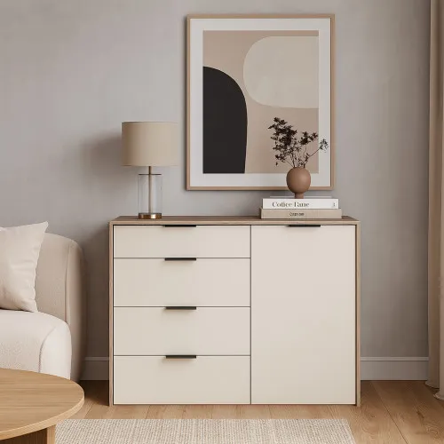Комод К5 4Я1Д 880х1200х450 мм корпус ДСП Дуб Сонома фасад МДФ краска RAL9001 (Свет-беж)